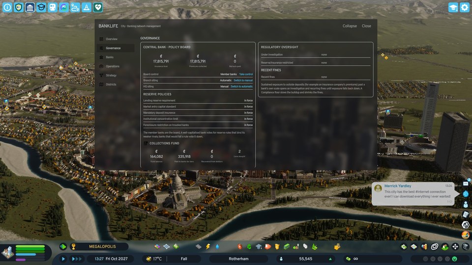 Real BankLife Governance dashboard tab showing the Central Bank policy board, reserve policies, regulatory oversight, and the Collections Fund