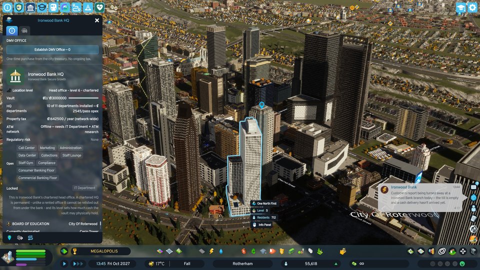 Real Cities: Skylines II city view with Ironwood Bank HQ selected and BankLife details visible