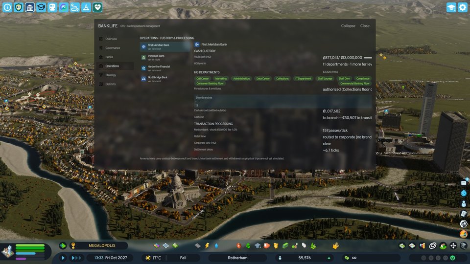 BankLife Operations dashboard tab showing cash custody and transaction processing