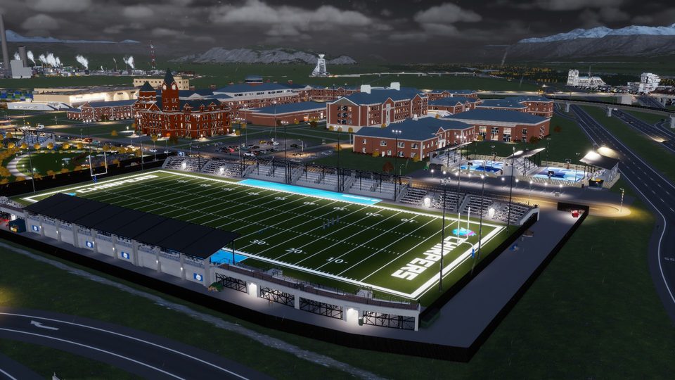 Night view of a high school athletic complex with football field, track, and pool, from a real Cities: Skylines II save running EduLife