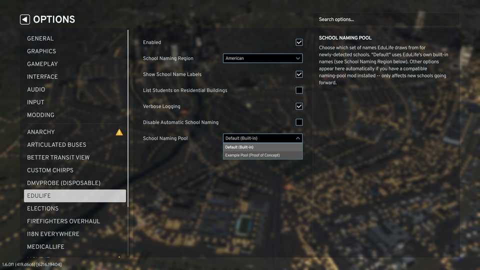 Cities: Skylines II Options panel, EduLife section - School Naming Pool dropdown open, showing Default (Built-in) and Example Pool (Proof of Concept)