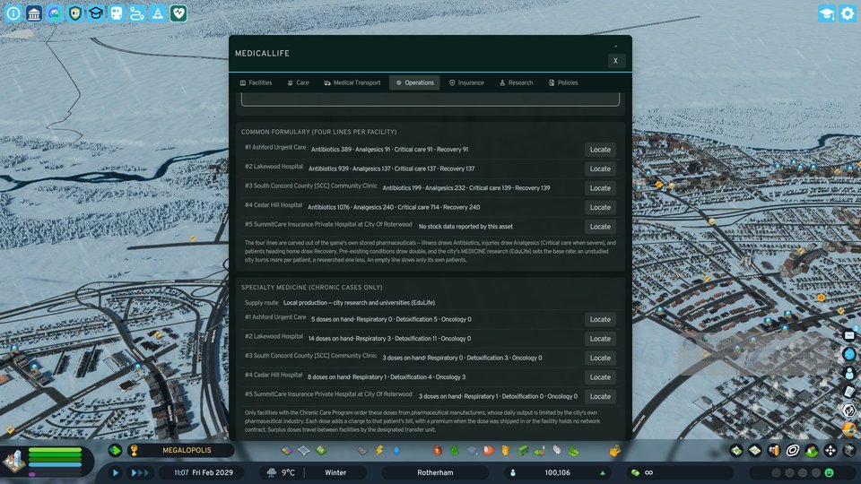 Real MedicalLife Operations formulary view showing medicine categories and hospital supply state