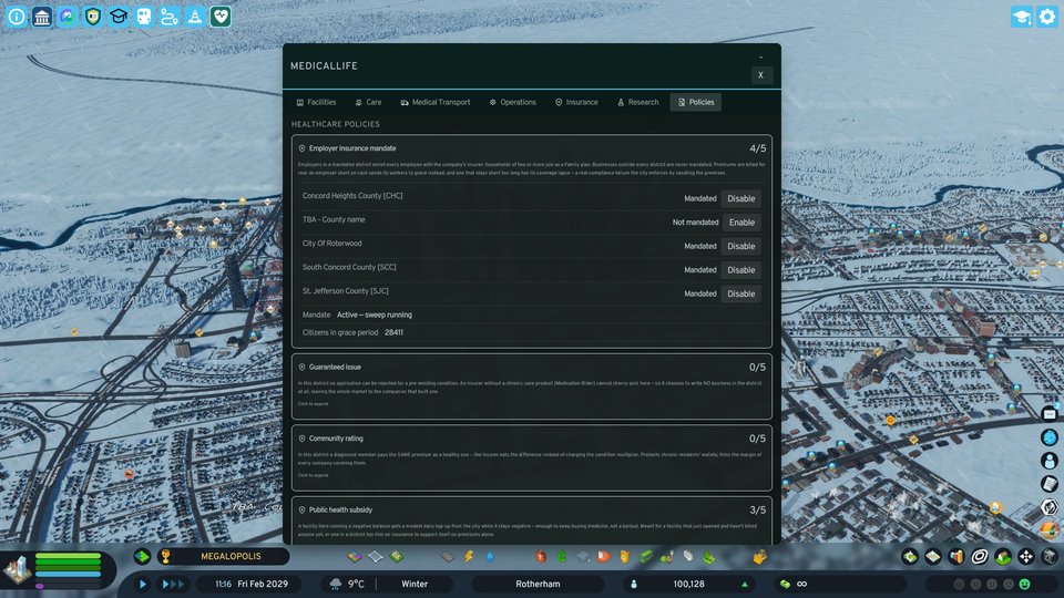Real MedicalLife Policies dashboard showing healthcare and medicine policy controls