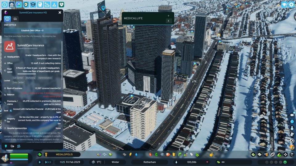 Real Cities: Skylines II skyline with SummitCare headquarters visible in the MedicalLife network