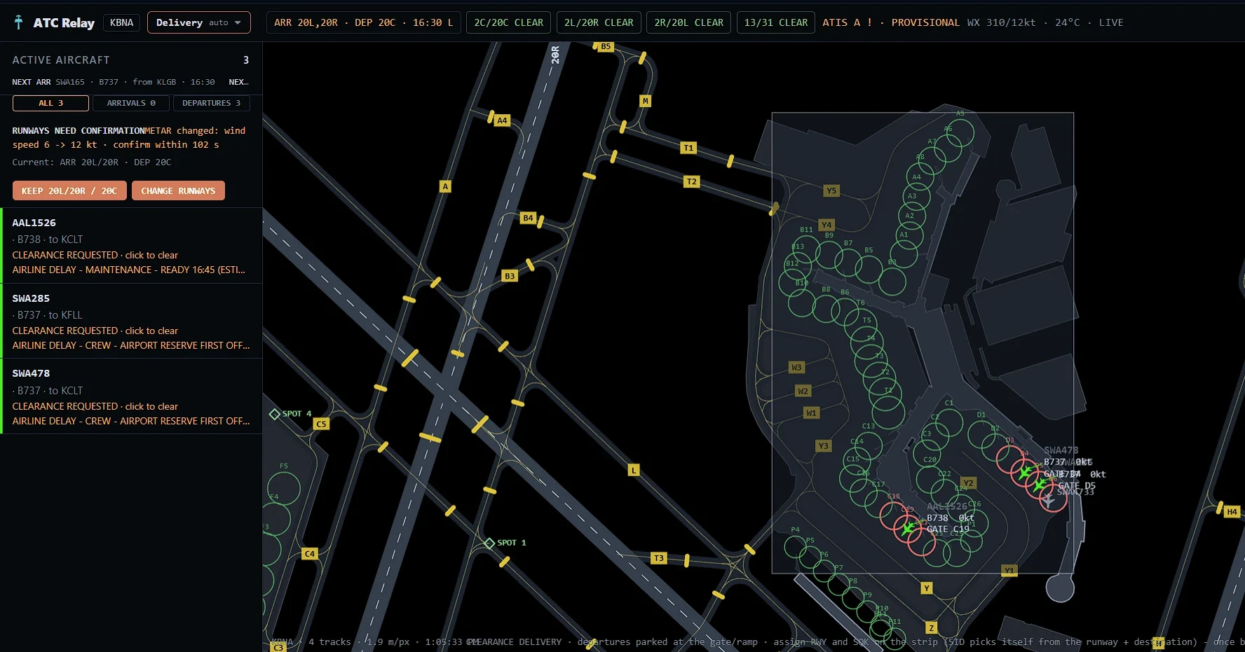 ATC Relay browser Delivery view at KBNA: three aircraft with clearances requested