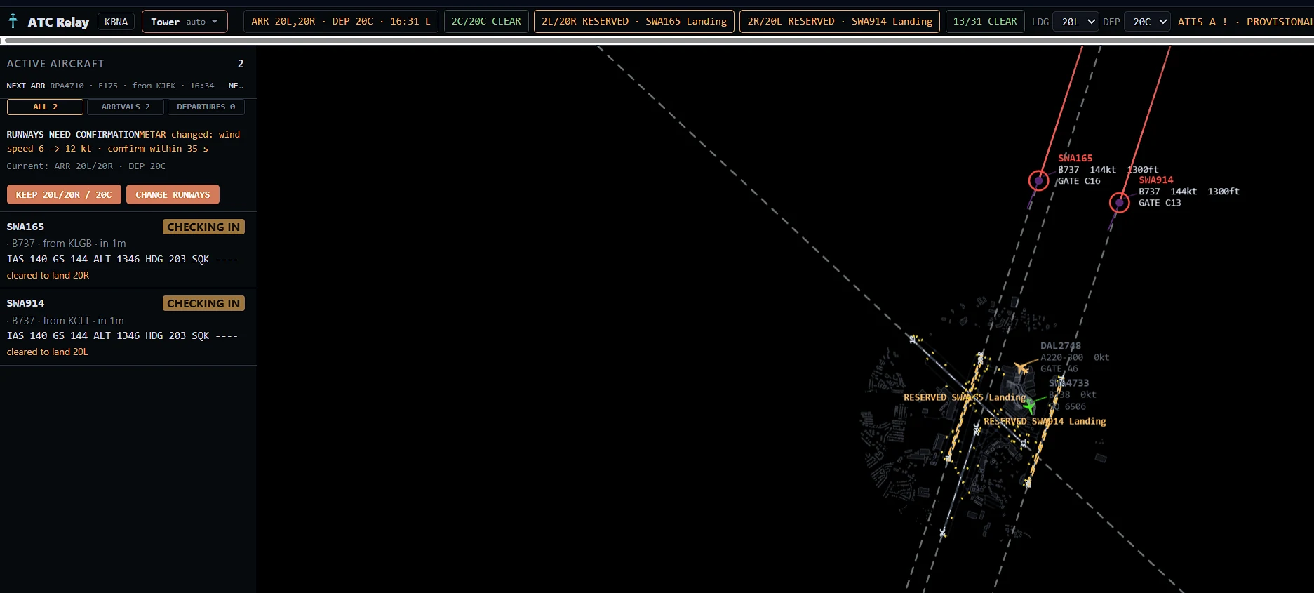 ATC Relay web session at KBNA: Tower position, two aircraft cleared to land